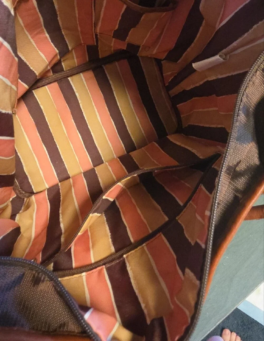 Quilted Shimmery Brown Tote with Tan Trim & Striped Interior
